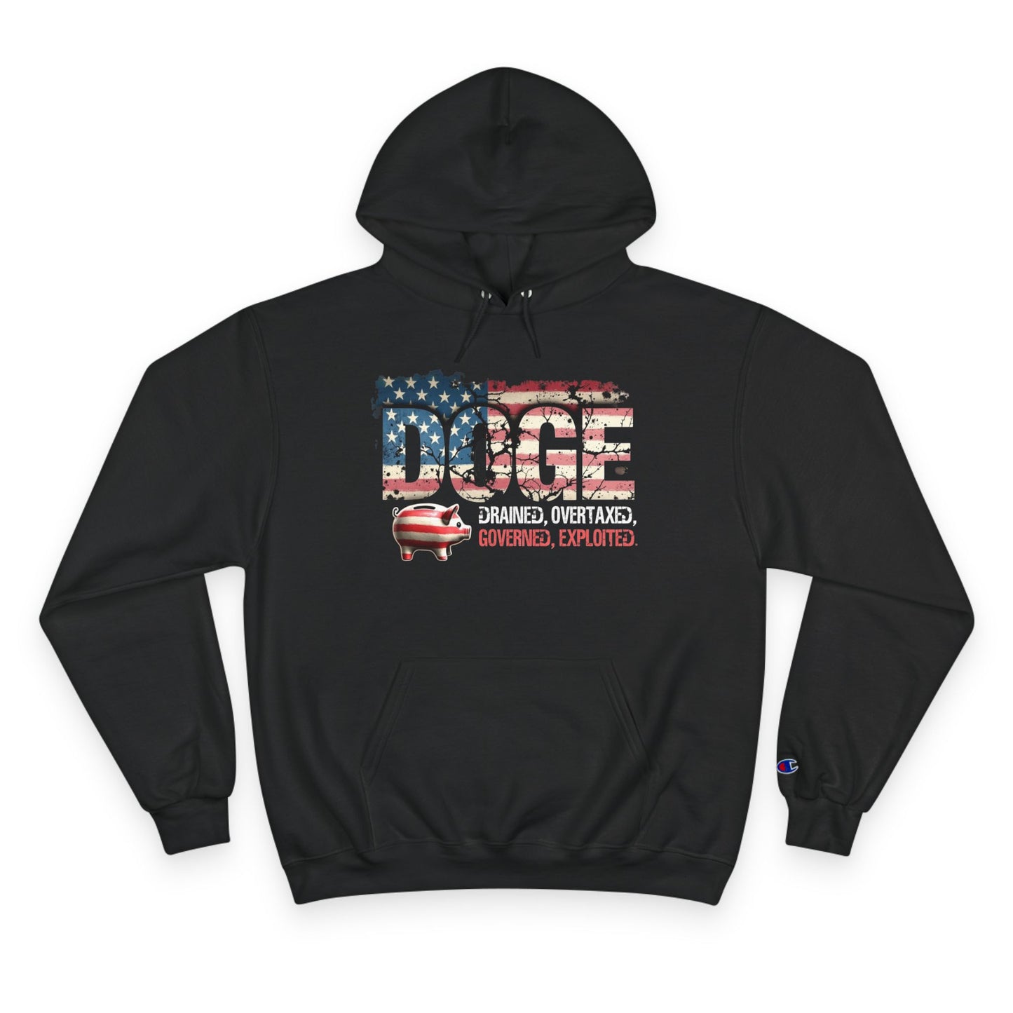 Doge-Inspired Champion Hoodie - American Flag Design with Empowering Quote